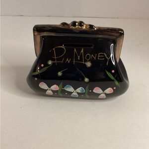 Vintage Lefton PIN MONEY Purse Money Bank, floral, gold, crystals